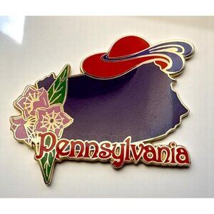Red Hat Society Pennsylvania State Brooch Pin Purple Map Pink Flowers Gold Tone